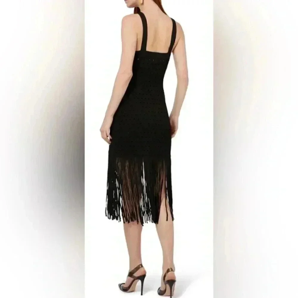 Sandro Black Fringe Hem Maxi Dress | Sleeveless High Neck 38 - Picture 6 of 6